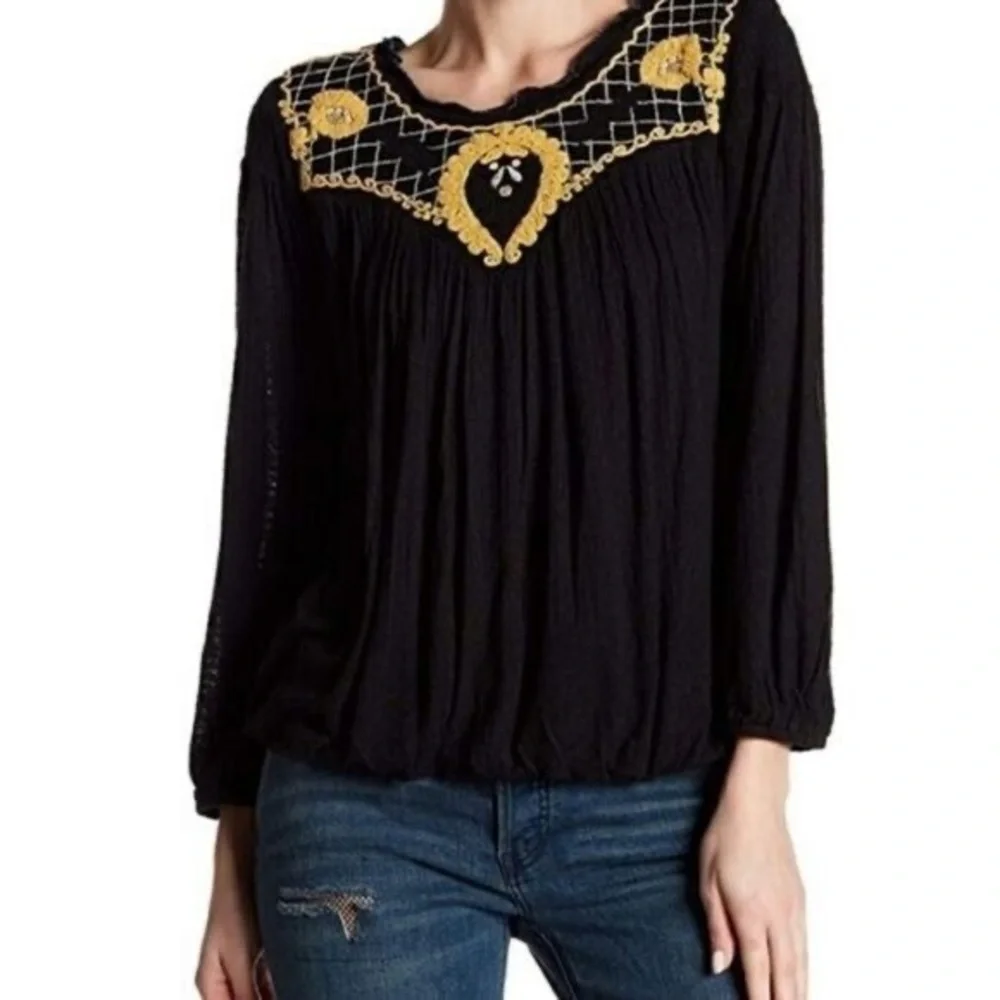 FREE PEOPLE Begonia‎ Embroidered Black Long Sleeve Top Size Medium